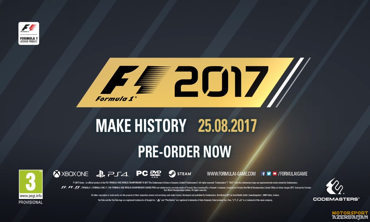 Codemasters şirkəti F1 2017 oyununun çıxış tarixini elan edib